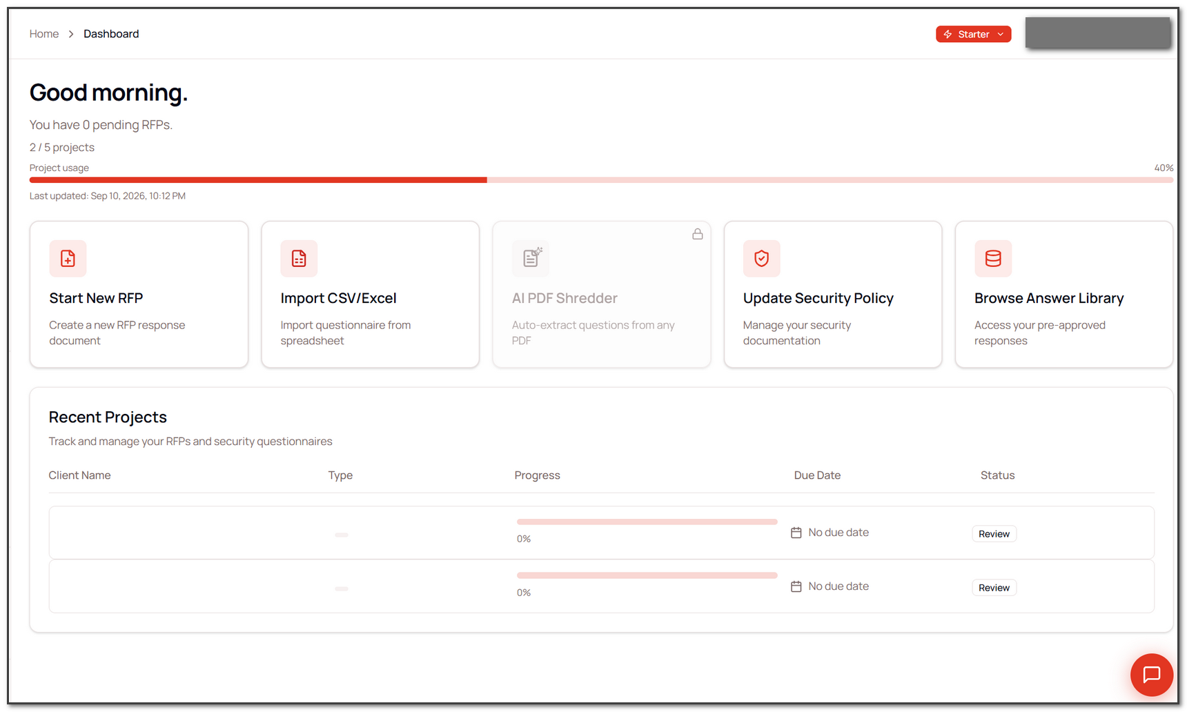 Dashboard start options in ProposalVault