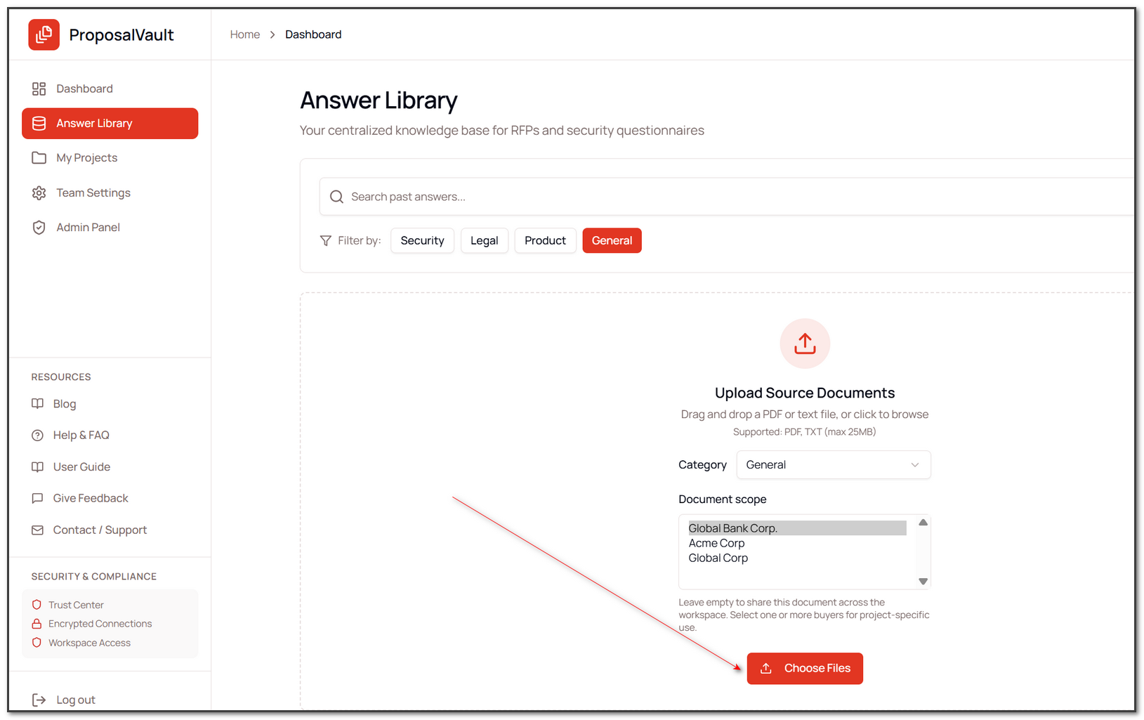 Upload a source document in ProposalVault