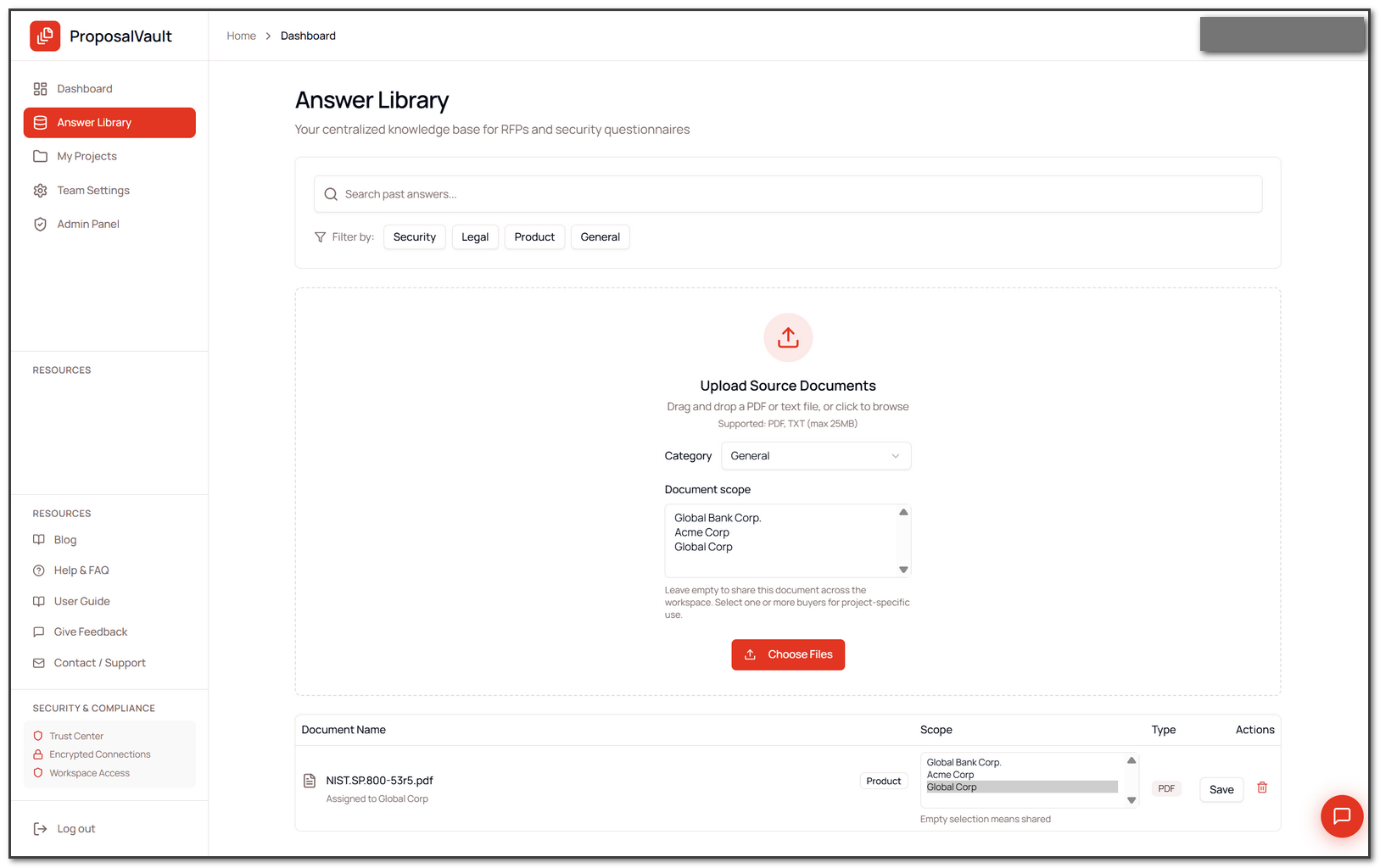 Search and manage source documents in ProposalVault