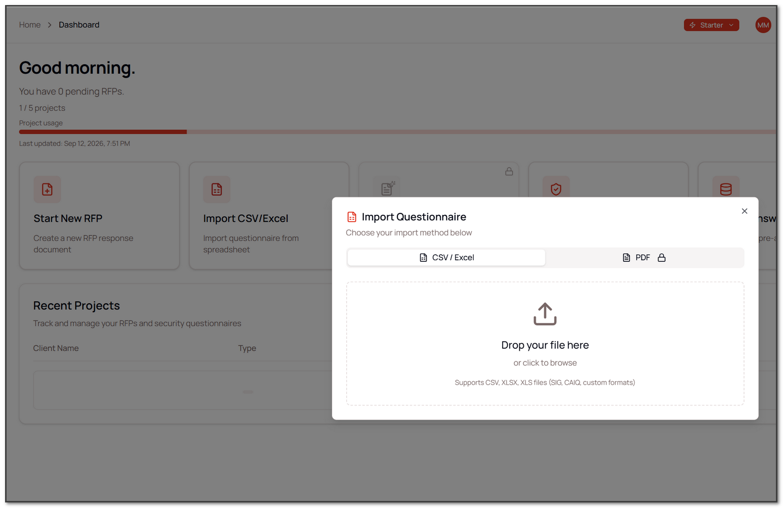 Choose spreadsheet or PDF import in ProposalVault