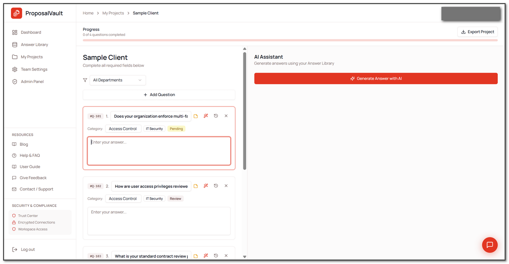 Select and review a project question in ProposalVault