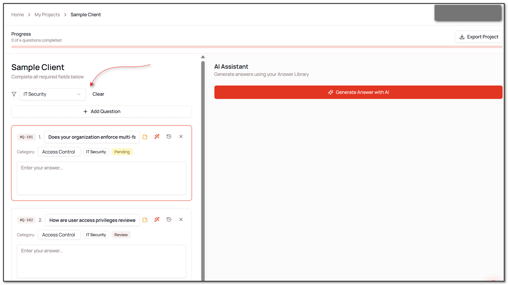 Filter questions by department in ProposalVault